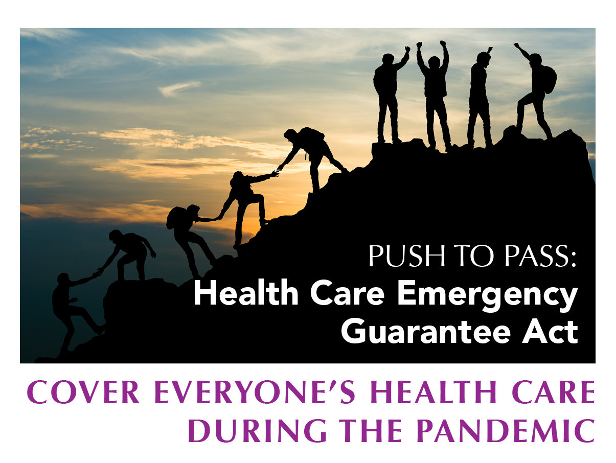 Smiling people hold signs for Improved medicare for All