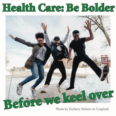 Three young people leaping over snow and ice. Happy, but also looks like the might be slipping.