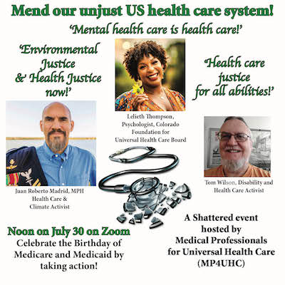 A shattered stethoscope paired with the title Shattered Lives & Health Care Justice