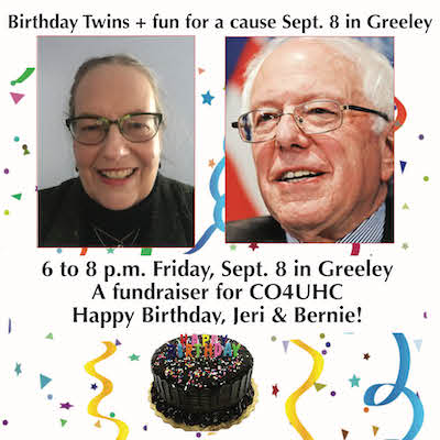 Greeley attorney Jeri Shepherd and US Sen. Bernie Sanders, who share a birthday of Sept. 8, are pictured side by side with cake and confetti.