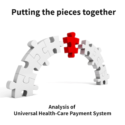 A 3-D bridge of white jigsaw pieces almost meets at one red interconnecting piece. 
